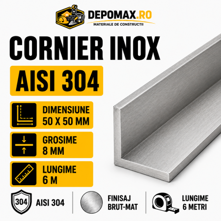 Cornier inox AISI 304, 50 x 50 x 8 mm, 6 metri
